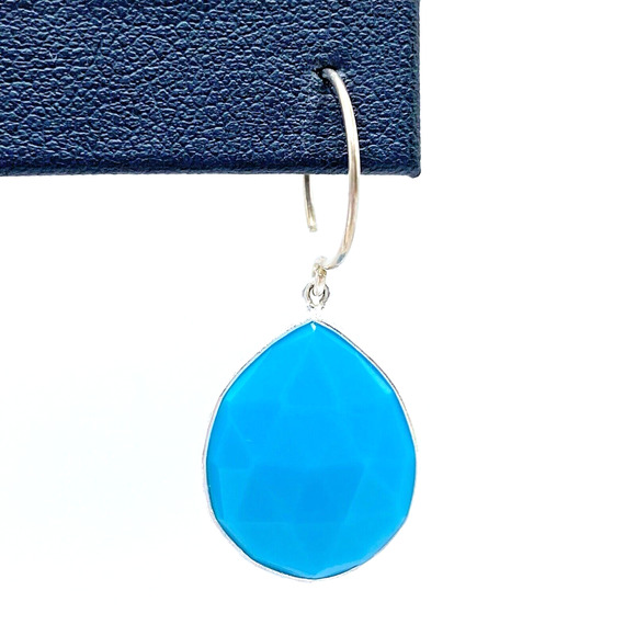 Sterling Silver Blue Faceted Glass Dangle Drop Pierced Earrings Bezel Set 1.5" - Picture 2 of 7